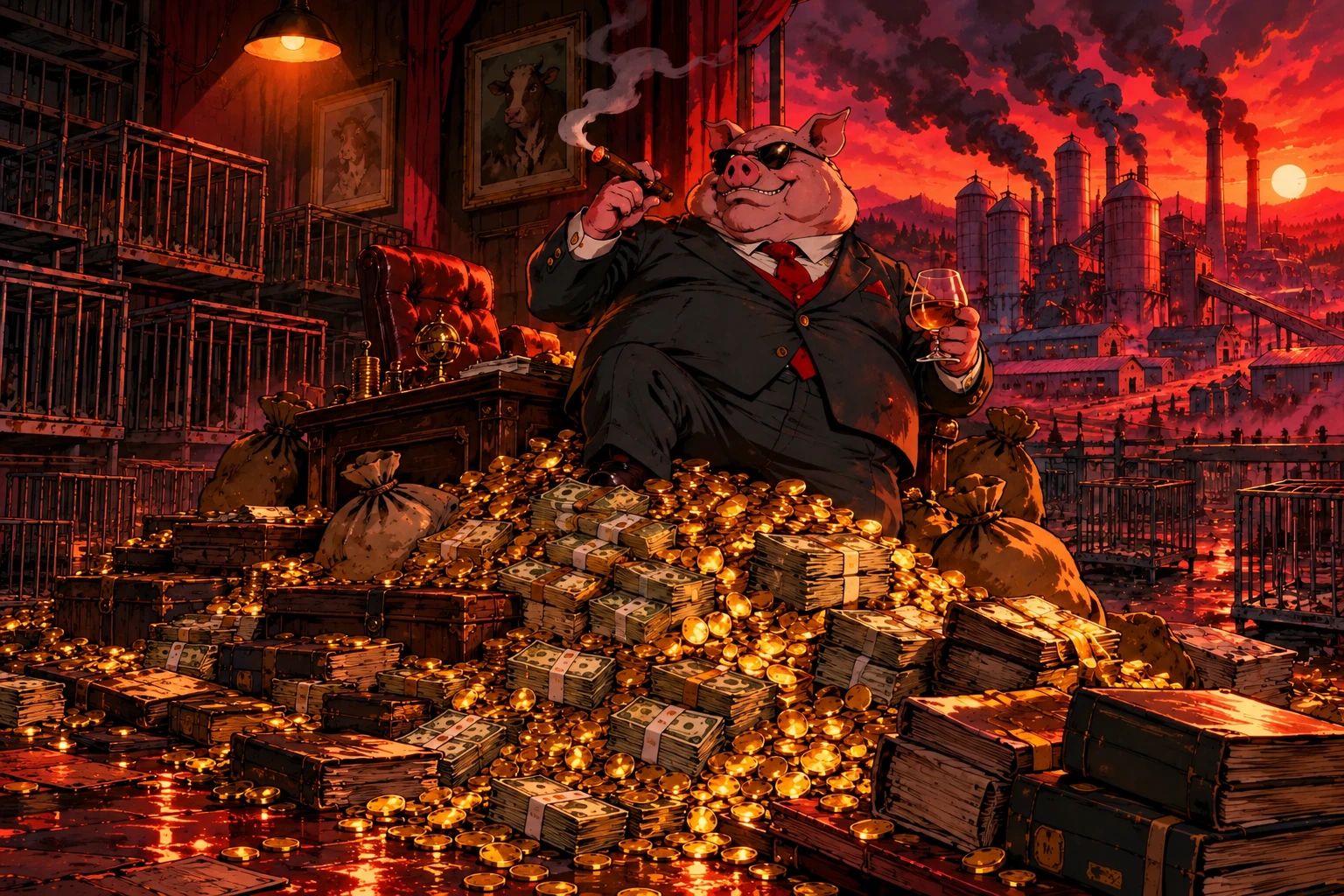 The pig baron alone above piles of extracted wealth, with the industrial farm behind him