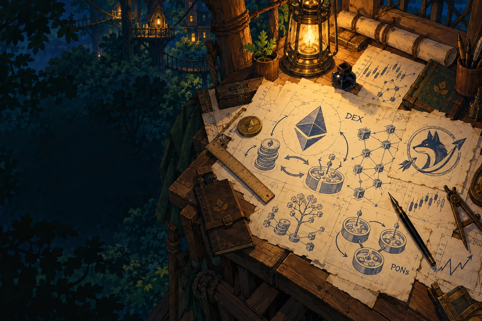 A wooden workshop desk covered in crypto, DEX and launchpad blueprint sketches