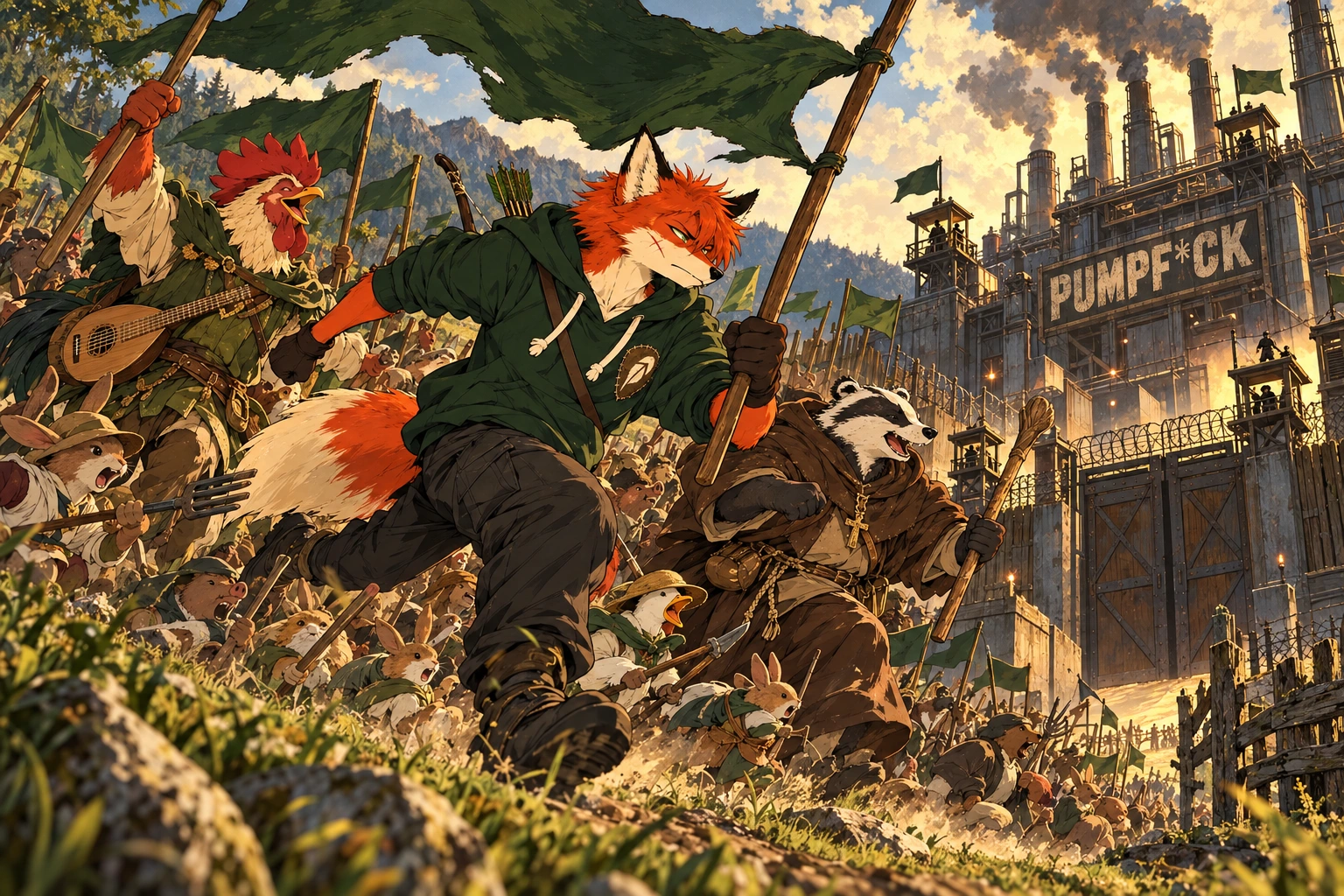 Fox leads his companions and community in a charge toward the Pumpf*ck facility gates