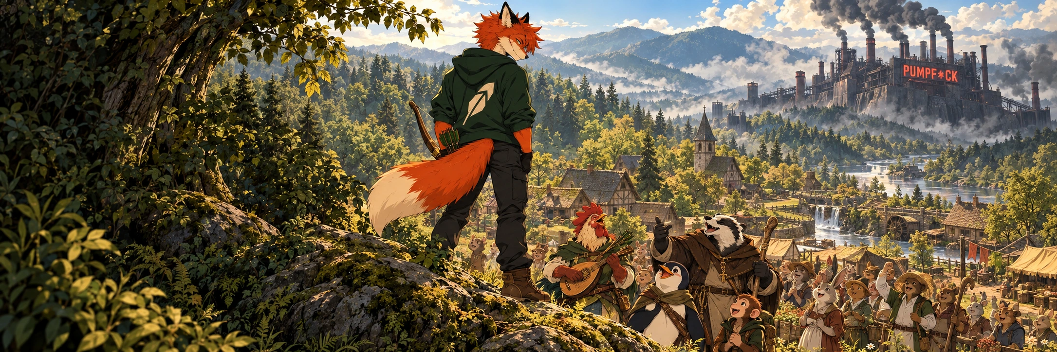 Fox looks down from a ridge at hopeful companions and villagers looking up to him; the Pumpf*ck facility stands far to the right