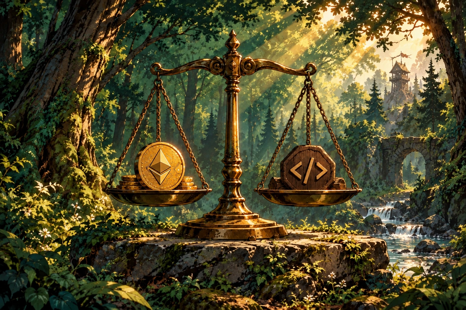 Balanced justice scales with an Ethereum coin and a developer emblem