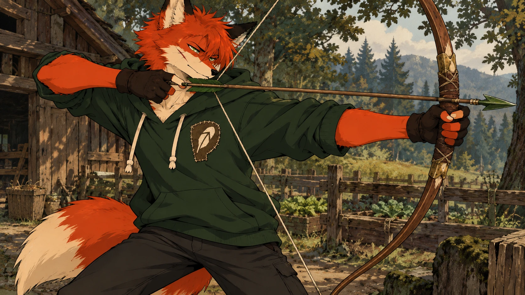 Original Stoic Fox smiling confidently as he draws his bow