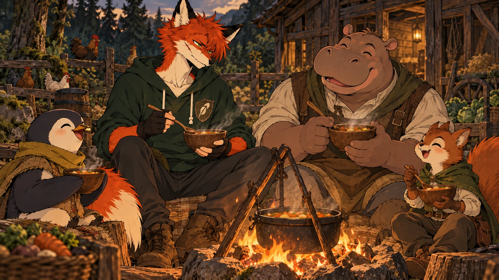 Stoic Fox, Friar Tuck and Allan-a-Dale sitting together around a forest campfire