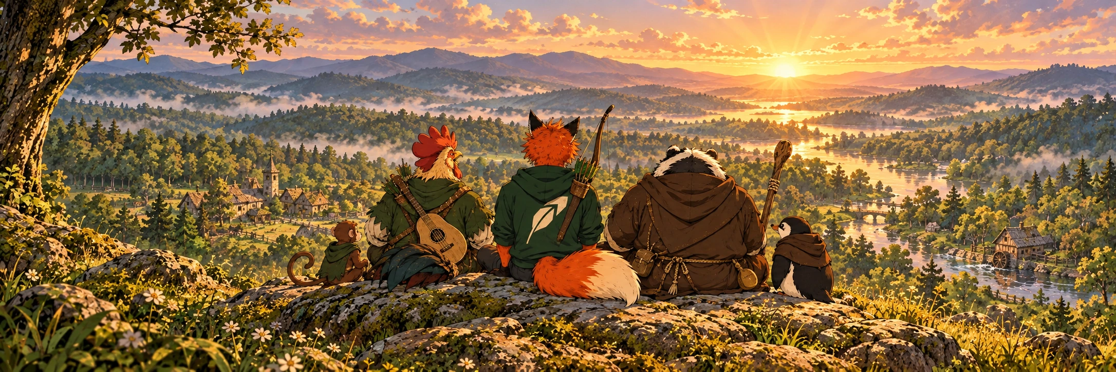 Fox and his companions sit on the ridge, looking toward sunrise over a restored Sherwood